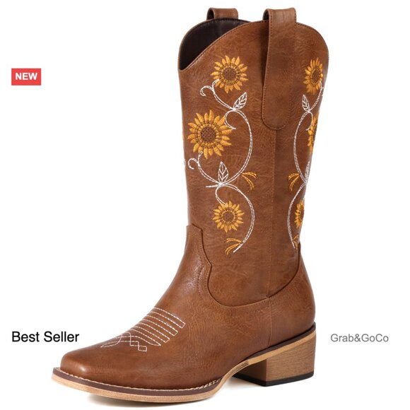 Mid Calf Western Cowgirl Boots Floral Embroidery Square Toe Retro Design